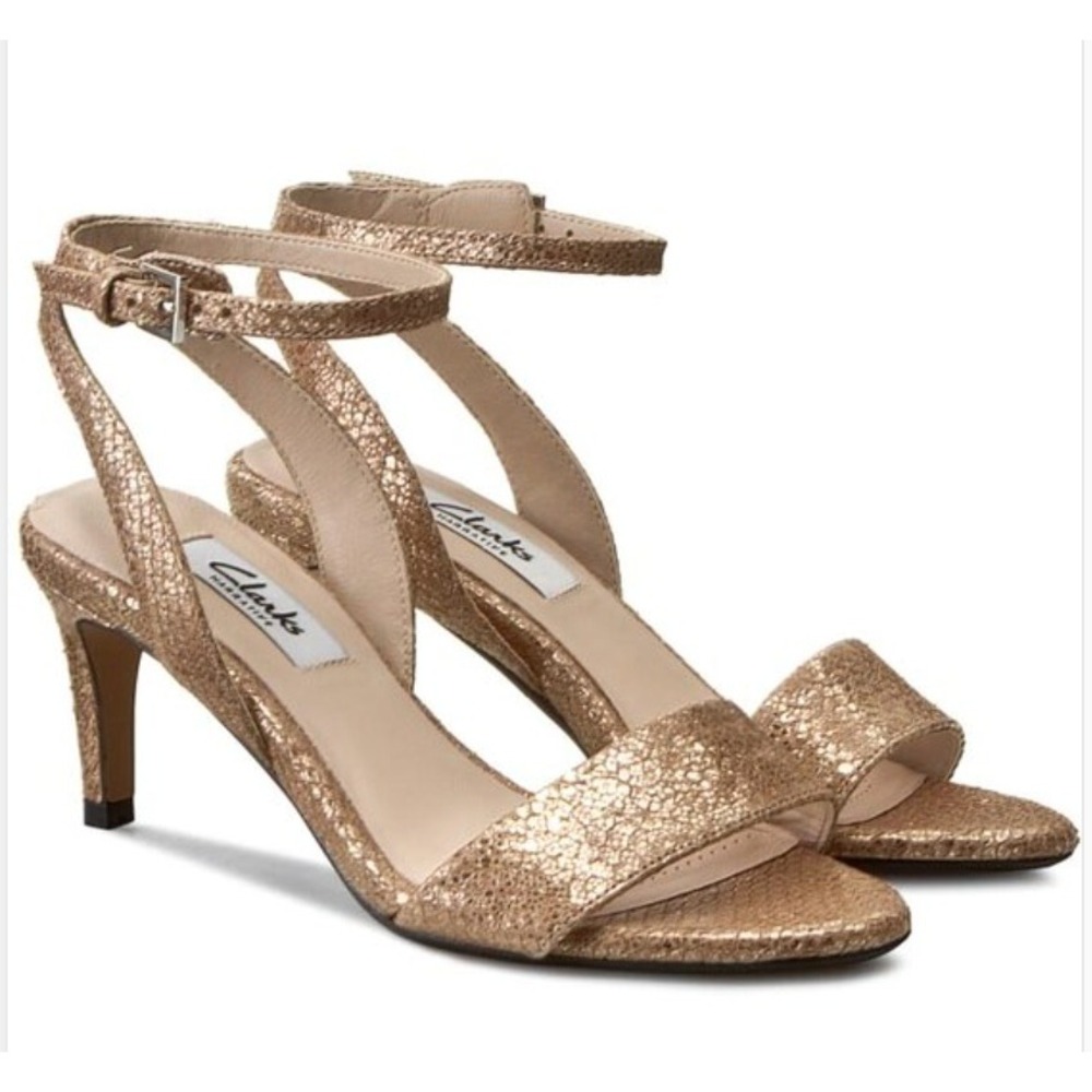 Clarks Narrative Amali Jewel Sandals Heels Womens 6.5 Champagne Metallic Leather